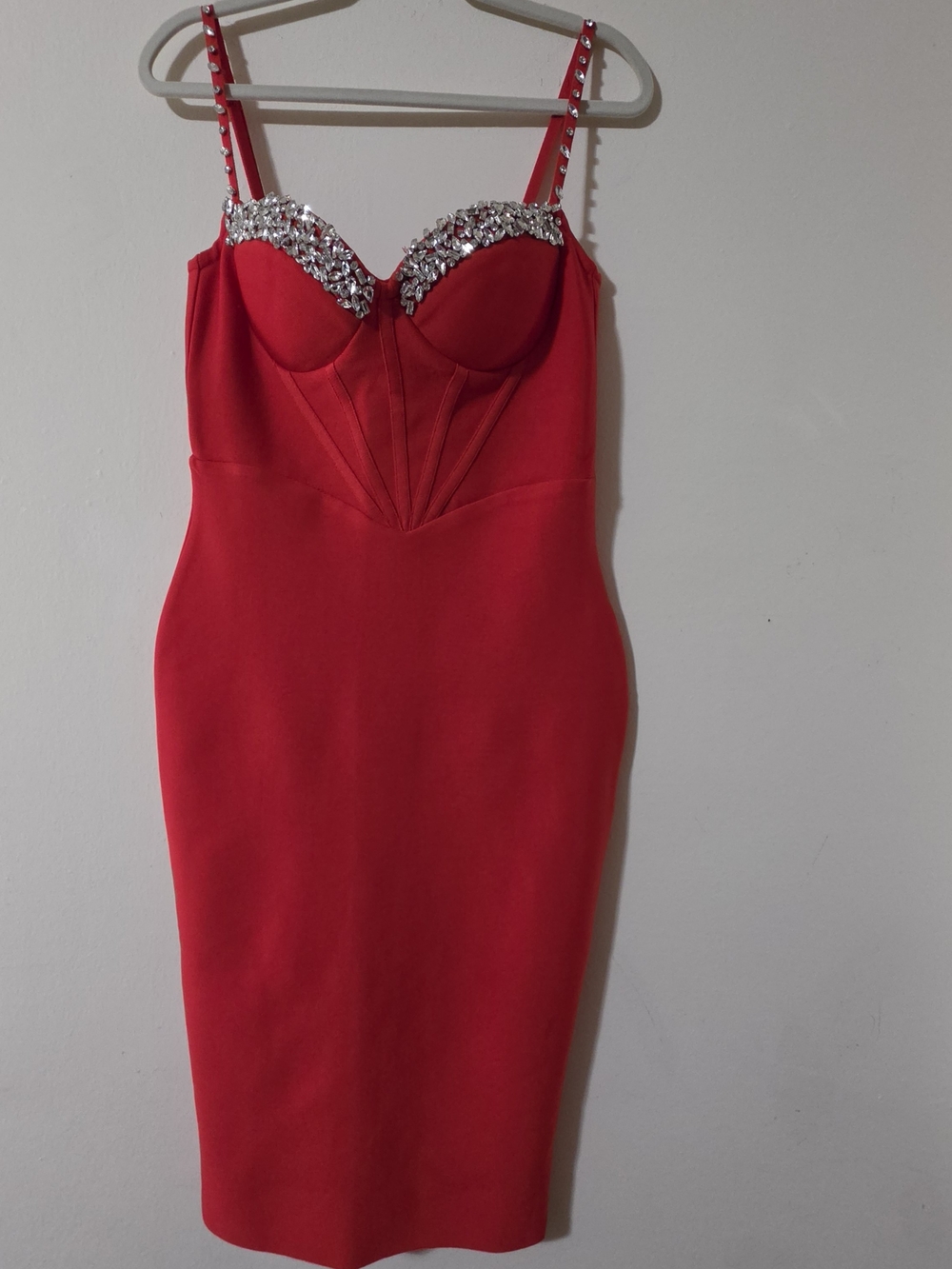 Red Embellished Bust Midi Dress with Jewel Accents